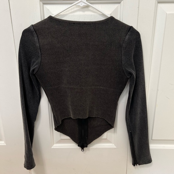 White Fox - For Keeps Long Sleeve Zip Front Ribbed Top Black Acid - Size Medium - Picture 2 of 4